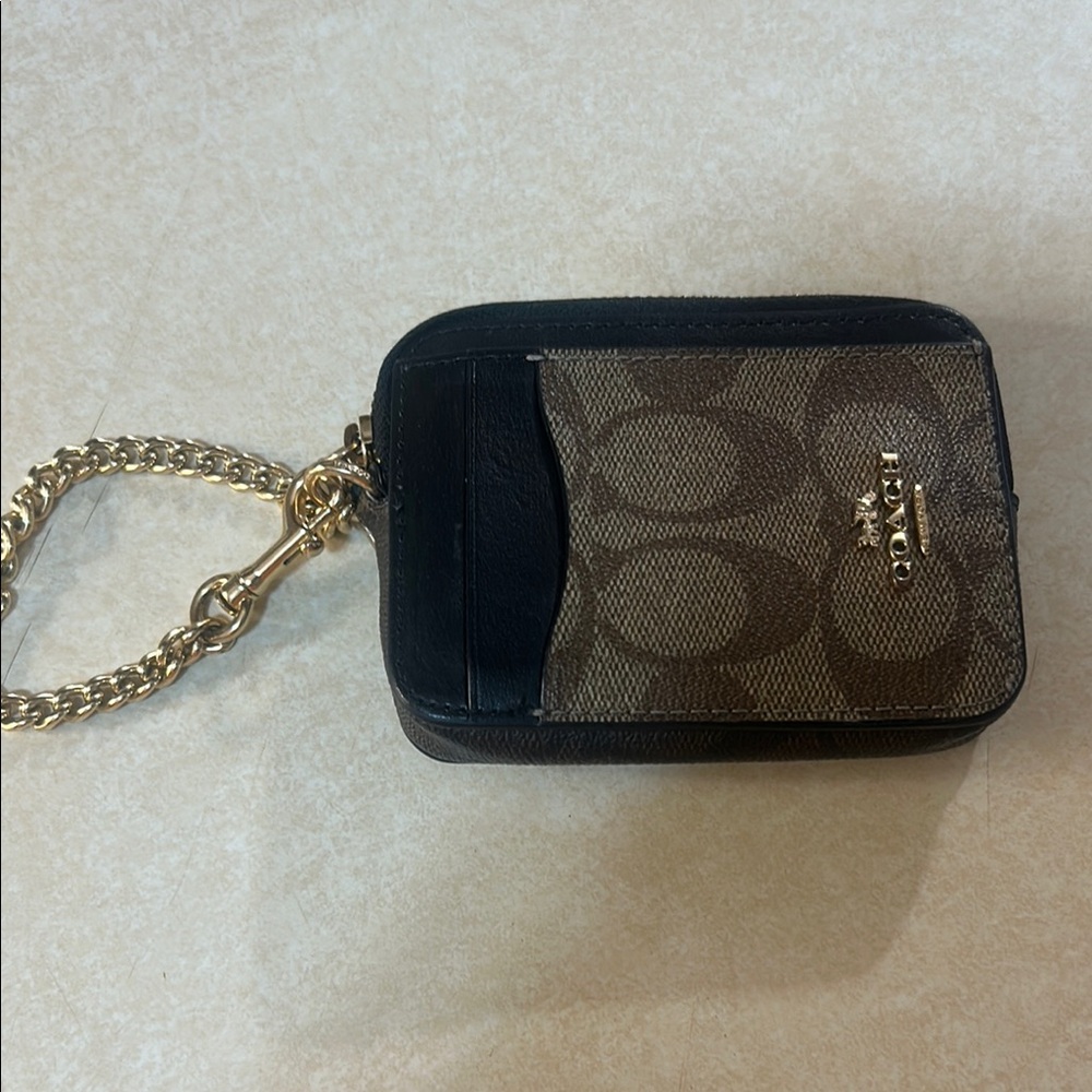 Coach Black and Brown Card Holder with Gold Chain